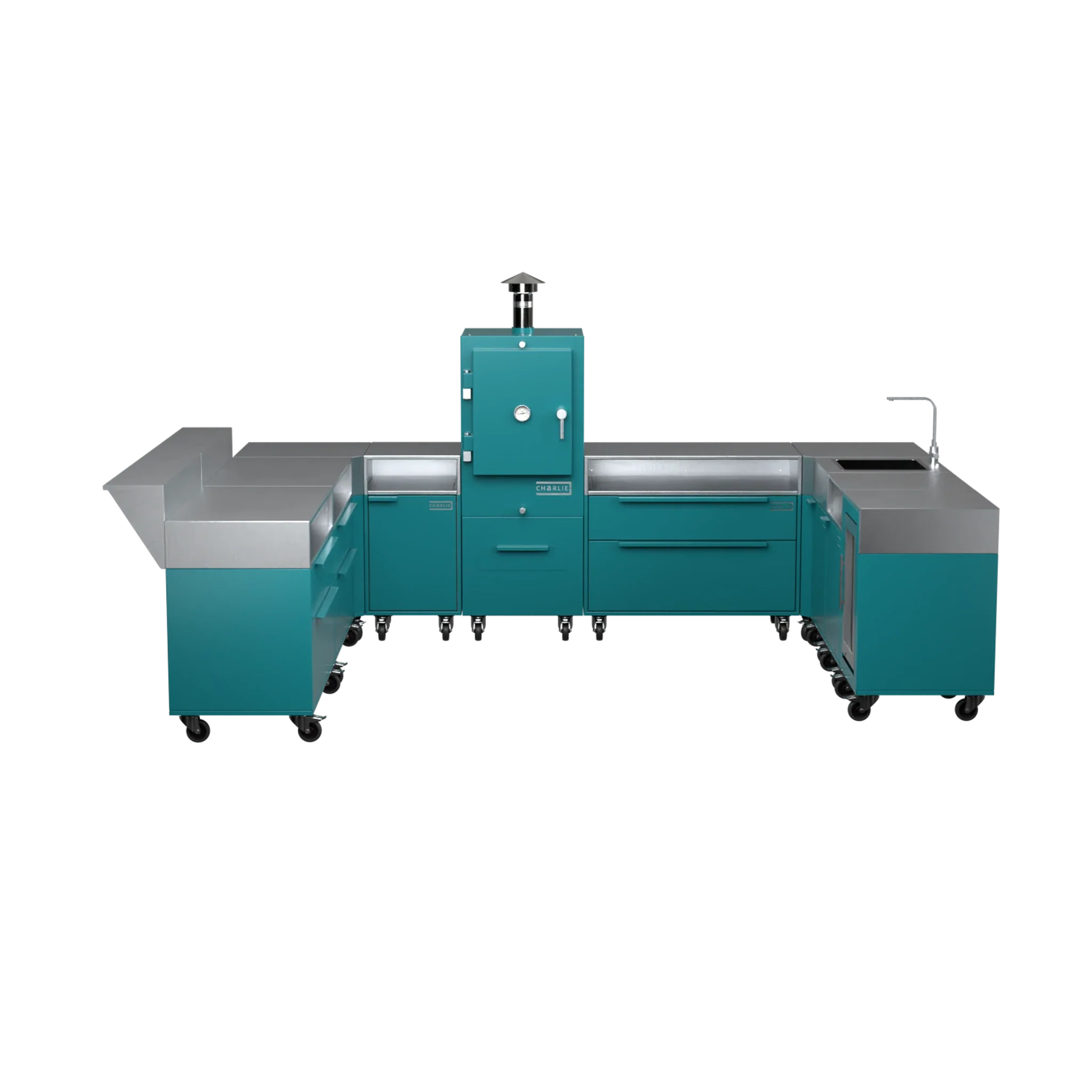 U-Shape Kitchen U4 in Teal Duck blue-green, straight-on front view of the cabinet run
