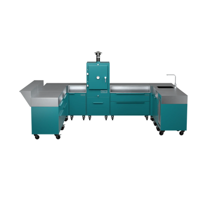 U-Shape Kitchen U4 in Teal Duck blue-green, straight-on front view of the cabinet run